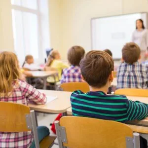 A group of children sitting at desks in front of a teacher.